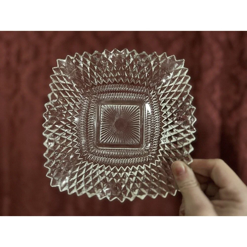 Set of 3 INDIANA GLASS Bowls Square Ruffle Diamond Point Candy Nut Dish Clear